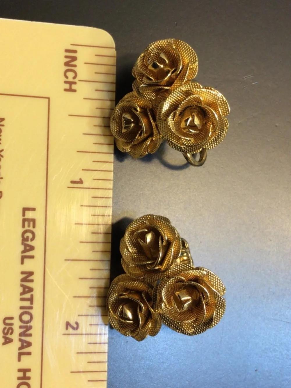 Vintage 1960s Triple Rose Clip On Earrings Gold Tone Mesh Texture Romantic